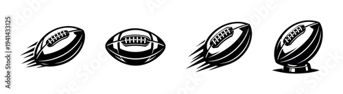 Dynamic black and white rugby ball vector silhouette set illustration