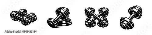 Black and white dumbbell and weight vector illustration set for fitness theme