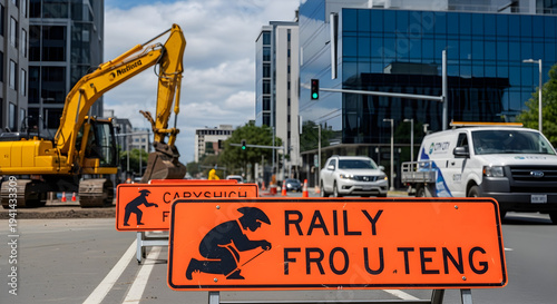 Yellow excavator at urban road construction site with orange warning signs