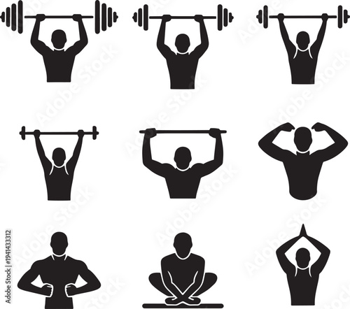 Various black silhouette icons of people exercising with weights and yoga Vector