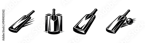 Set of black and white vector illustrations of cricket bats stumps and ball
