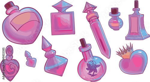 Game art perfume Luxury design ​​gold glass Bottle clipart icon computer mobile game Magic elixir health restoration witch sorcerer illustration Set of shine bottles colorful Vector design ui ux 