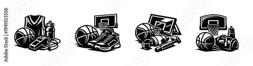 Basketball equipment illustration set featuring jersey shoes hoop and accessories silhouette