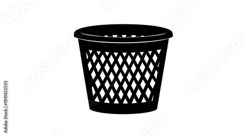 A minimalist black trash can silhouette against a neutral backdrop. The trash can is a symbol of waste disposal.