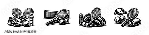 Tennis equipment set vector illustration featuring rackets balls and accessories in black and white