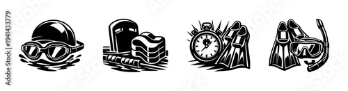 Vector illustrations of swimming gear silhouettes including goggles stopwatch snorkel flippers