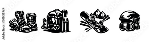 Winter sports equipment vector set featuring boots backpack snowboard and helmet silhouettes