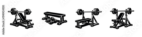 Gym equipment illustration set featuring weight benches and dumbbells in black and white silhouette
