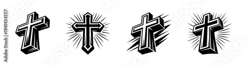 Set of four black and white cross vector illustrations with stylized designs