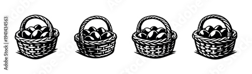 Monochrome vector illustration of wicker baskets with eggs in black and white silhouette