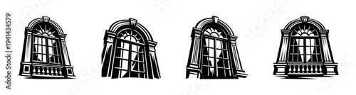Elegant vintage arched windows black and white vector illustration set