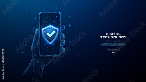 Dark blue cyber shield with checkmark protects mobile data. Futuristic HUD elements, neon accents. Phone security concept with holographic interface and digital defense tech. Digital vector