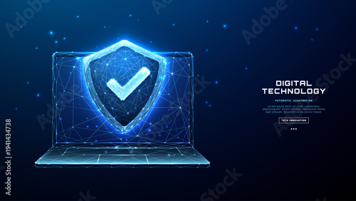 Cyber security or Data protection concept. Glowing blue shield with check mark on low poly wireframe laptop screen. Digital technology vector illustration. Computer tech background.
