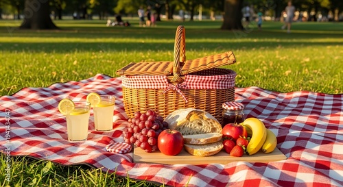Wallpaper Mural Holiday picnic setup in park, picnic blanket, basket with fruits and bread, sunny summer day. Torontodigital.ca