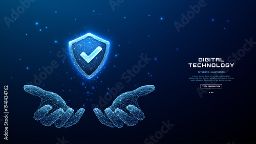 Digital hands holding holographic shield with checkmark, glowing cyber protection icon on tech background, futuristic data security and shield safety concept. Abstract tech vector illustration