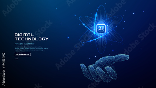 Digital wireframe hand holding AI chip hologram with atom icon. Tech AI semiconductor with circuit board elements. Artificial intelligence innovation concept.  Technology vector illustration.