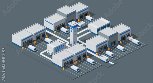 Isometric Logistics Hub with Warehouses and Delivery Trucks.