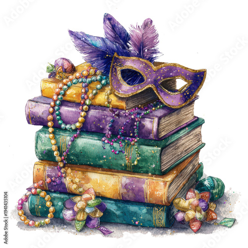 Wallpaper Mural Mardi Gras Carnival Books Stack Mask Beads Festive Education Illustration Torontodigital.ca