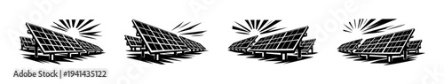 Black and white solar panel illustrations, silhouette style, renewable energy theme, vector set