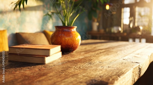Wooden table with books and a plant in a cozy room during sunlight hours