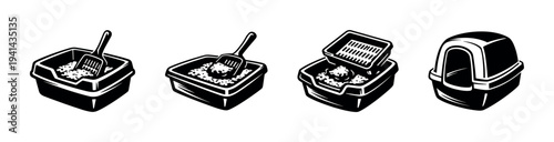 Black and white vector illustrations of cat litter boxes with scoops and covered box