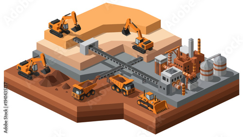 Isometric mining and quarrying operation with heavy machinery.