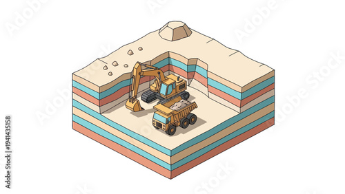 Isometric Mining Operation with Excavator and Dump Truck in Layered Earth.