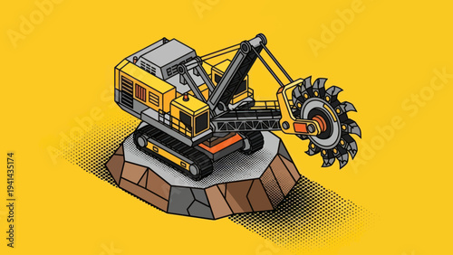Isometric Mining Excavator Machine on Rock Formation Illustration.