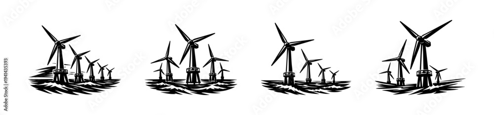 Fototapeta premium Wind turbine set silhouette with ocean waves black and white vector illustration