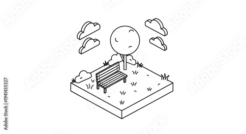 Isometric Park Scene with Bench Tree and Clouds.