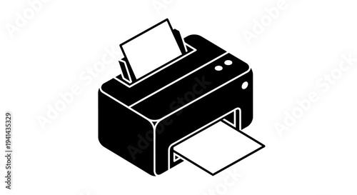 Isometric Printer Icon Printing Document Black and White Illustration.