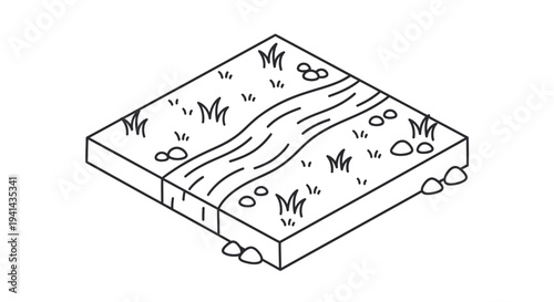 Isometric River Landscape with Grass and Rocks Hand Drawn Illustration.