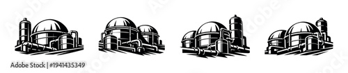 Futuristic dome buildings illustration set in black and white silhouette