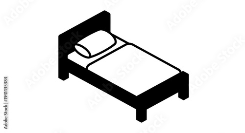 Isometric Single Bed with Pillow and Blanket Black and White Illustration.