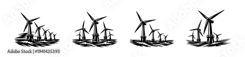Wind turbine set silhouette with ocean waves black and white vector illustration