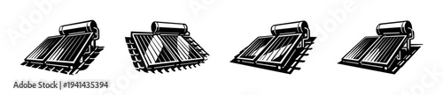 Vector illustrations of solar panels on rooftops in black and white silhouette style