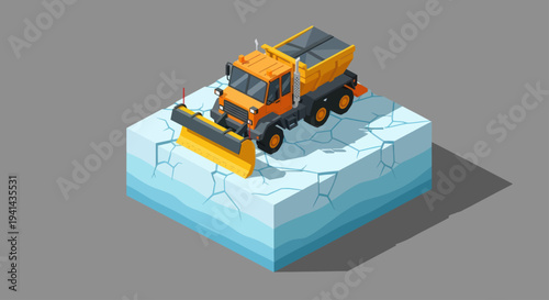 Isometric Snow Plow Truck on Ice Block Winter Maintenance Vehicle.