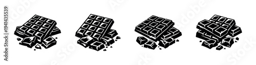 Black and white vector illustration of chocolate bars and pieces