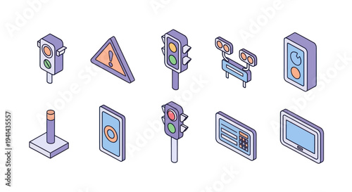 Isometric Traffic Signs and Signals Collection for Road Safety.