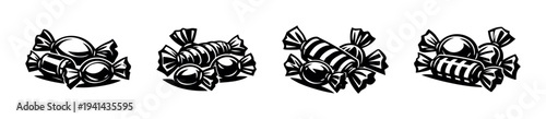 Black and white silhouette vector set of candies with wrappers