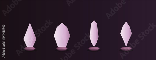 Four stylized light pink crystalline award trophies with unique geometric forms stand on dark circular bases