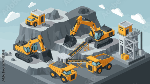 Isometric view of a busy mining and construction site with heavy machinery.