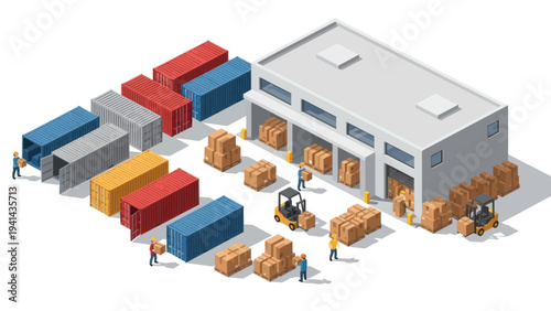 Isometric view of a busy logistics warehouse and shipping containers.