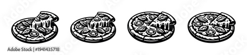 Black and white vector illustration of pizza slices with toppings and cheese