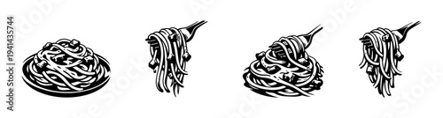 Illustration of spaghetti on fork and plate in black and white vector style
