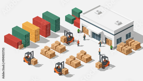 Isometric view of a busy warehouse with forklifts and shipping containers.