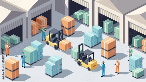 Isometric view of a busy warehouse with forklifts and workers handling packages.