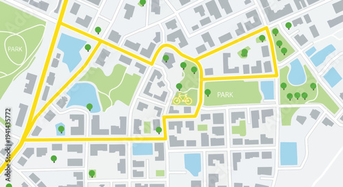 City map illustration with highlighted cycling route and green parks.
