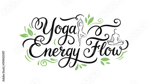 Yoga energy flow logo with green leaves and a person in a yoga pose