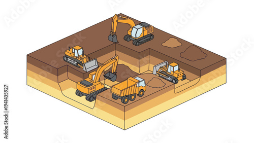 Isometric view of a construction site with heavy machinery excavating a large pit.